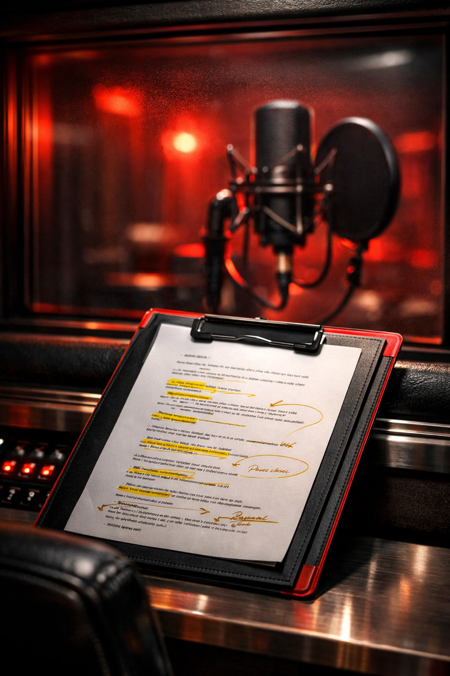 Voice over script with detailed direction notes for professional recording session