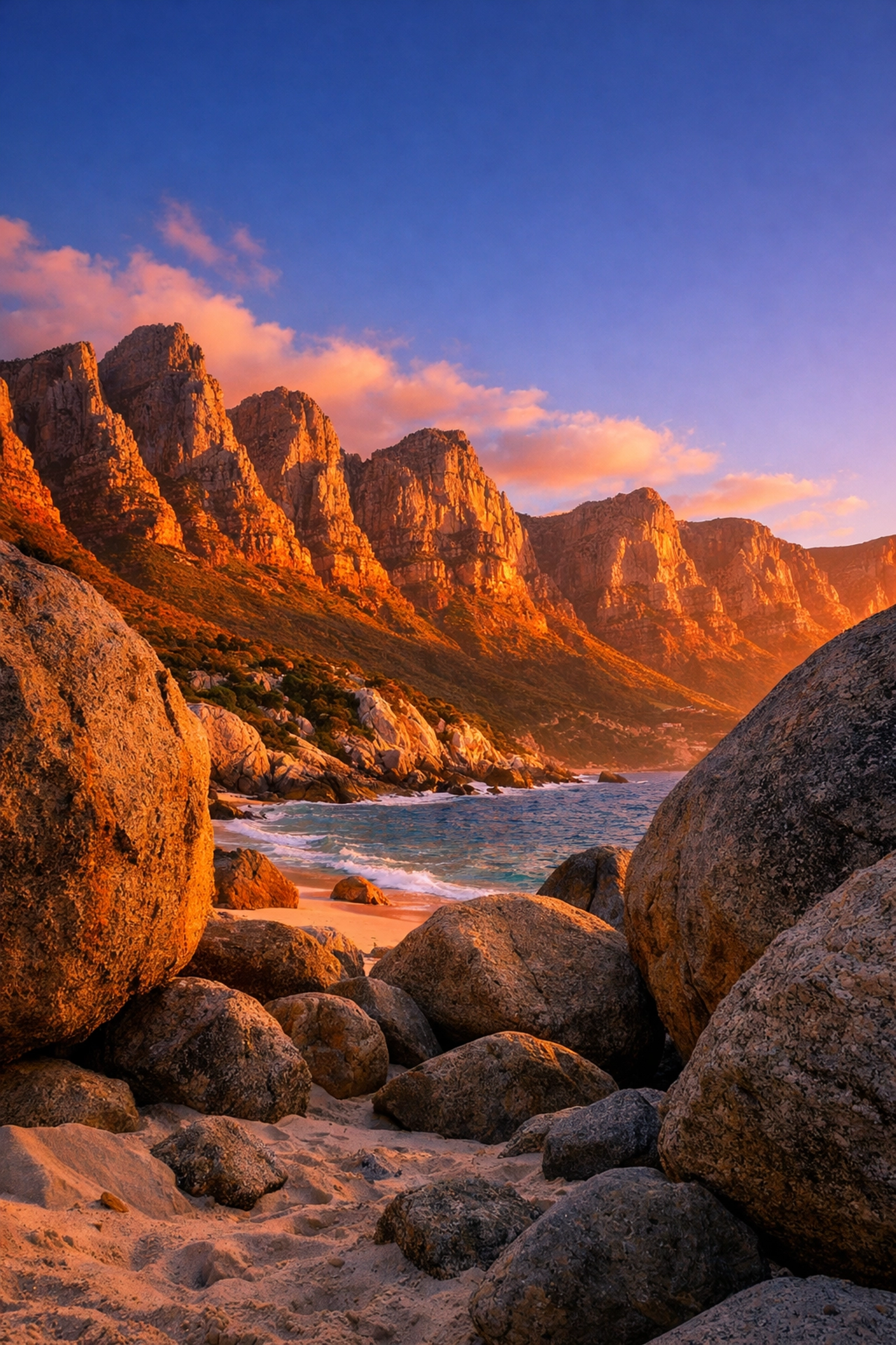 Twelve Apostles mountain peaks towering over Sandy Bay naturist beach at golden hour