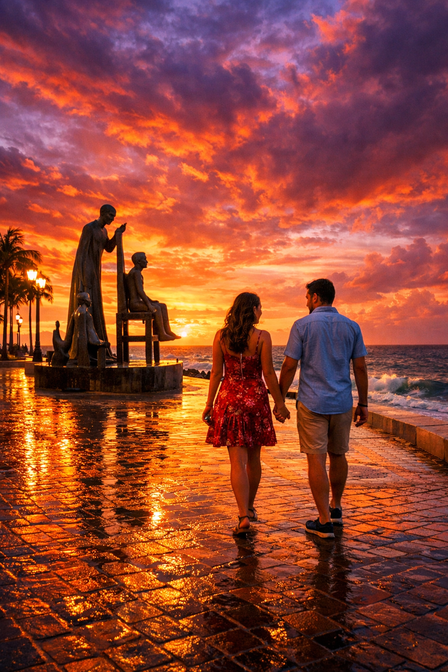 Couple strolling the cobblestone Malecon in Puerto Vallarta during a vibrant sunset near Old Town.