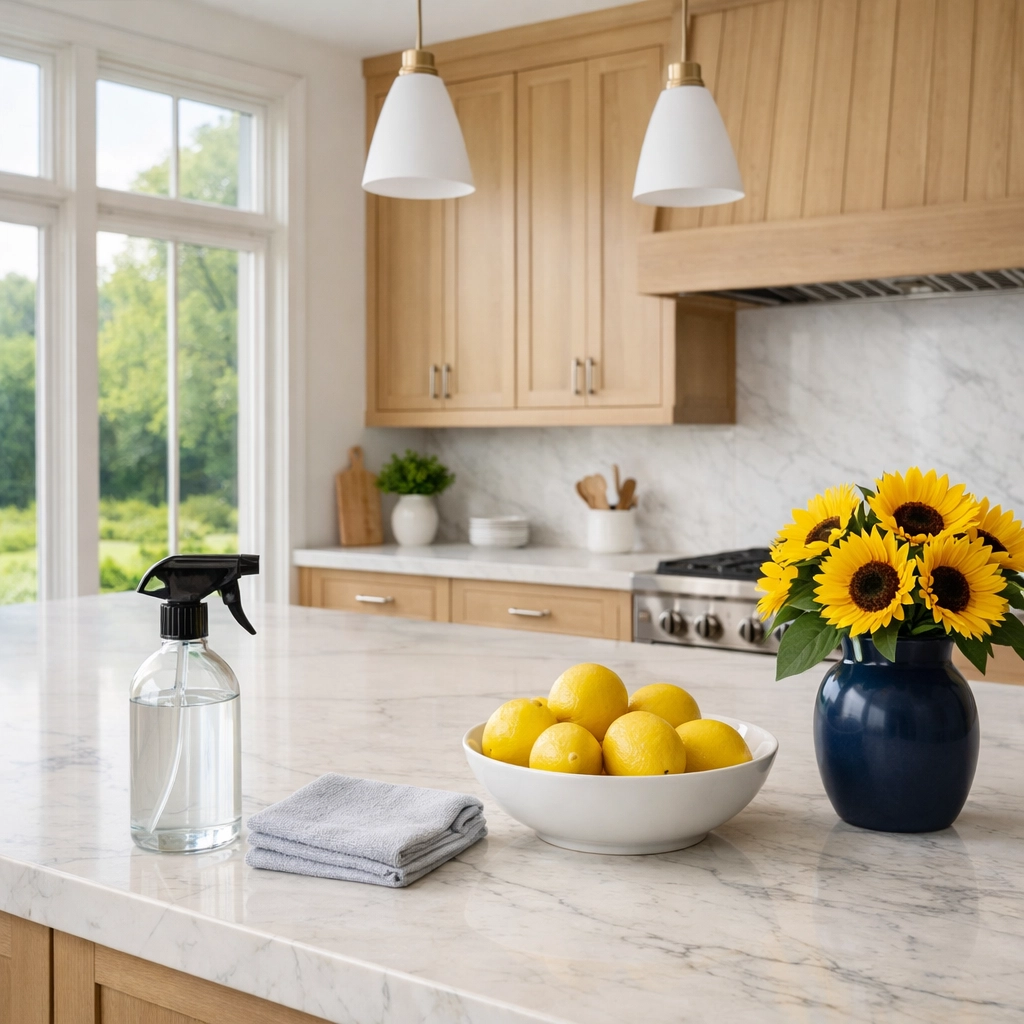 Eco-friendly residential cleaning Massachusetts in a luxury Dover kitchen with marble countertops.