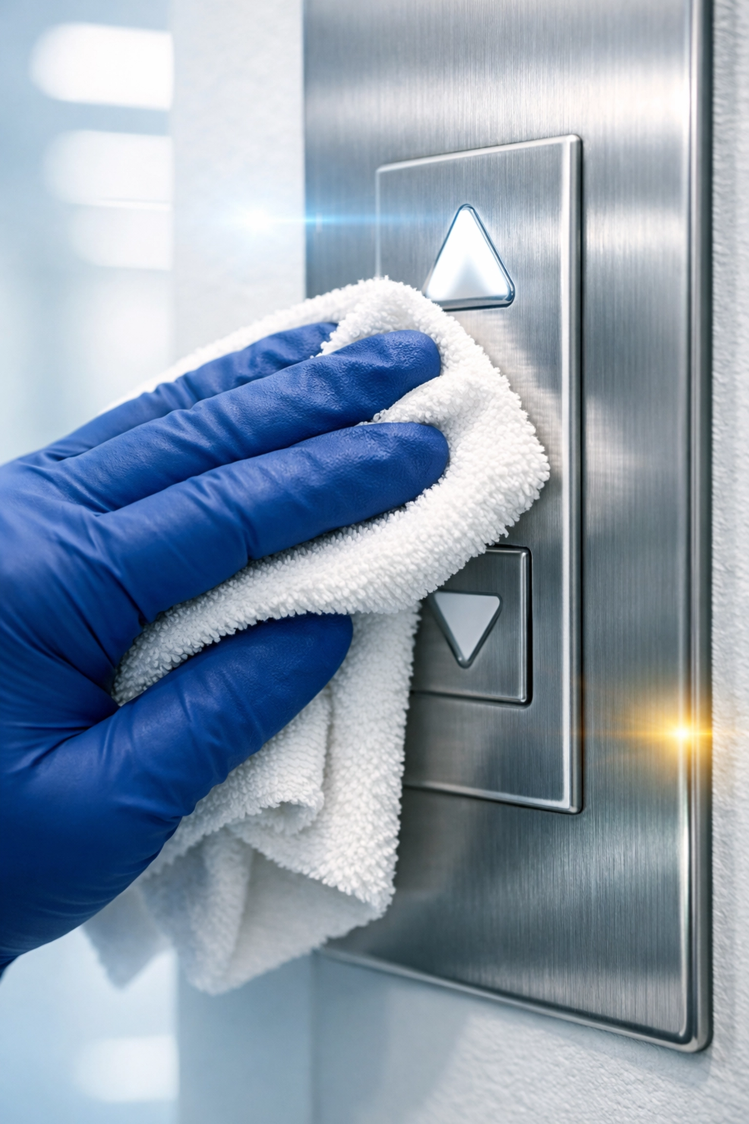 Medical office cleaning staff disinfecting high-touch elevator panels for infection control and safety.