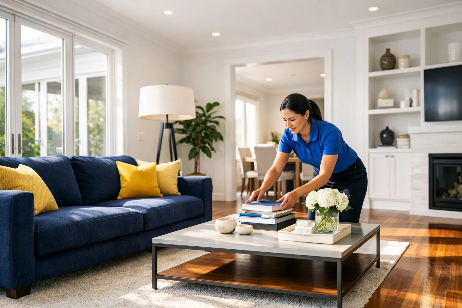 Professional house cleaning in Marlborough team tidying a modern living room in Massachusetts.