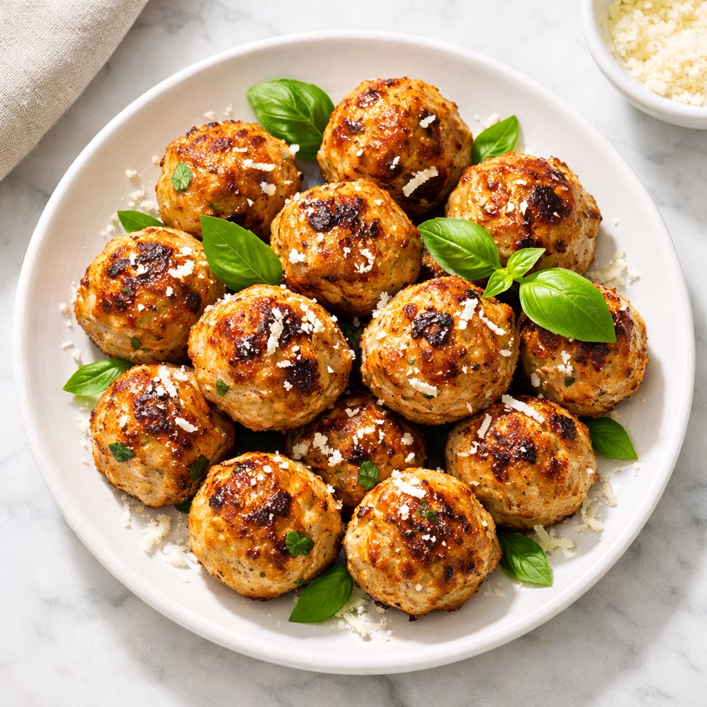 Golden-brown turkey meatballs with fresh basil and Parmesan cheese on white plate