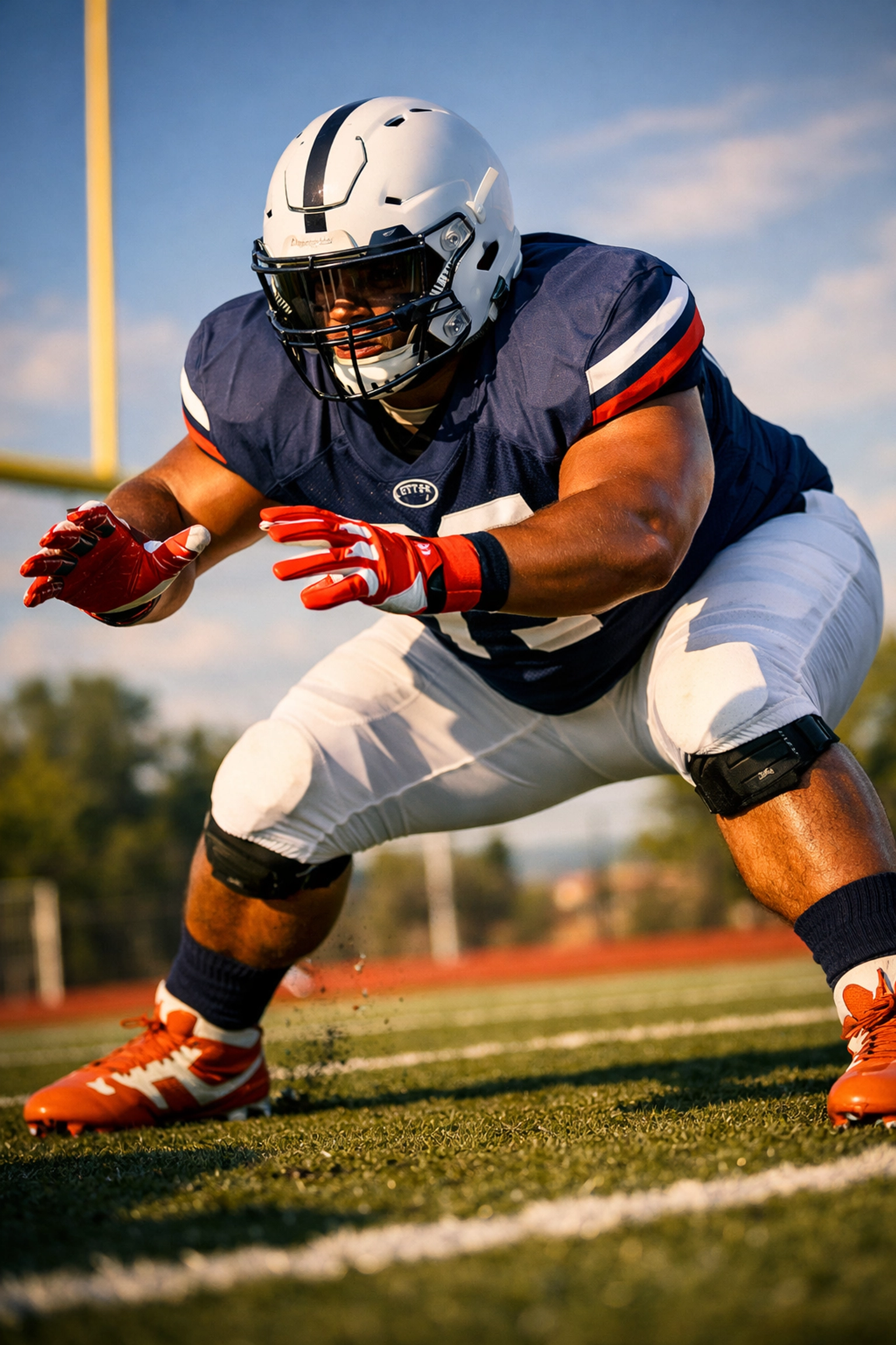 New Jersey high school offensive lineman blocking on practice field in college team colors