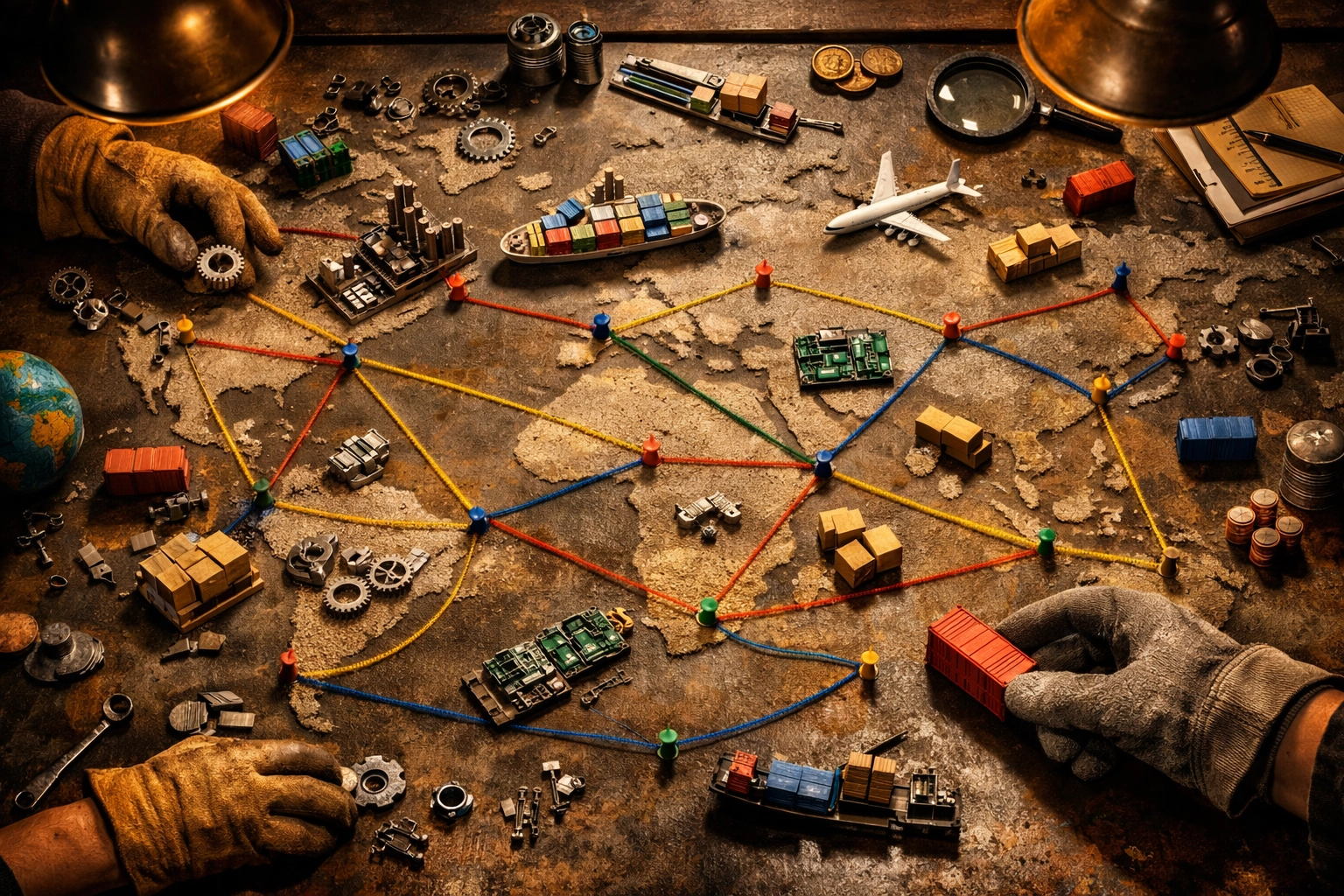 Supply chain visualization showing global manufacturing network connections