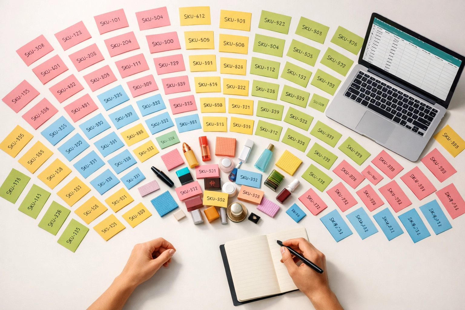 Planning desk showing SKU system scalability from 10 products expanding to 100+ products