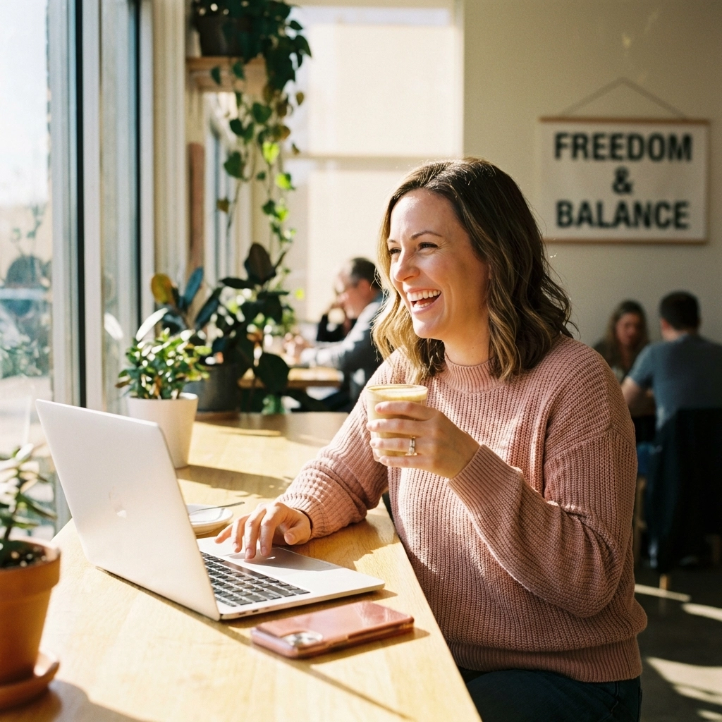Smiling business owner working at a café, enjoying work-life balance with virtual assistant help