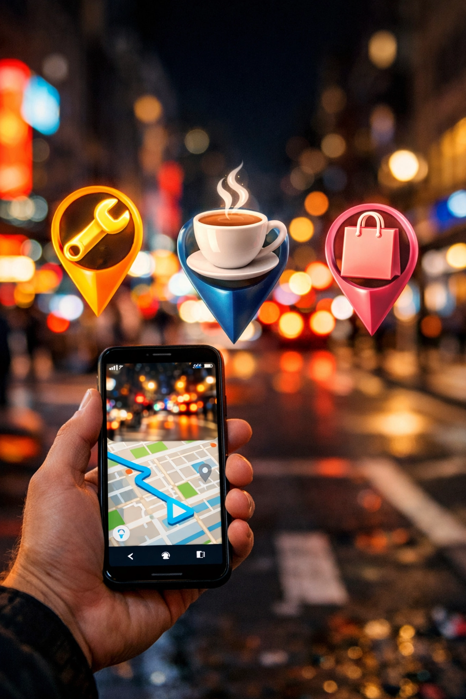 Augmented reality interface on a smartphone identifying local business entities and service locations.