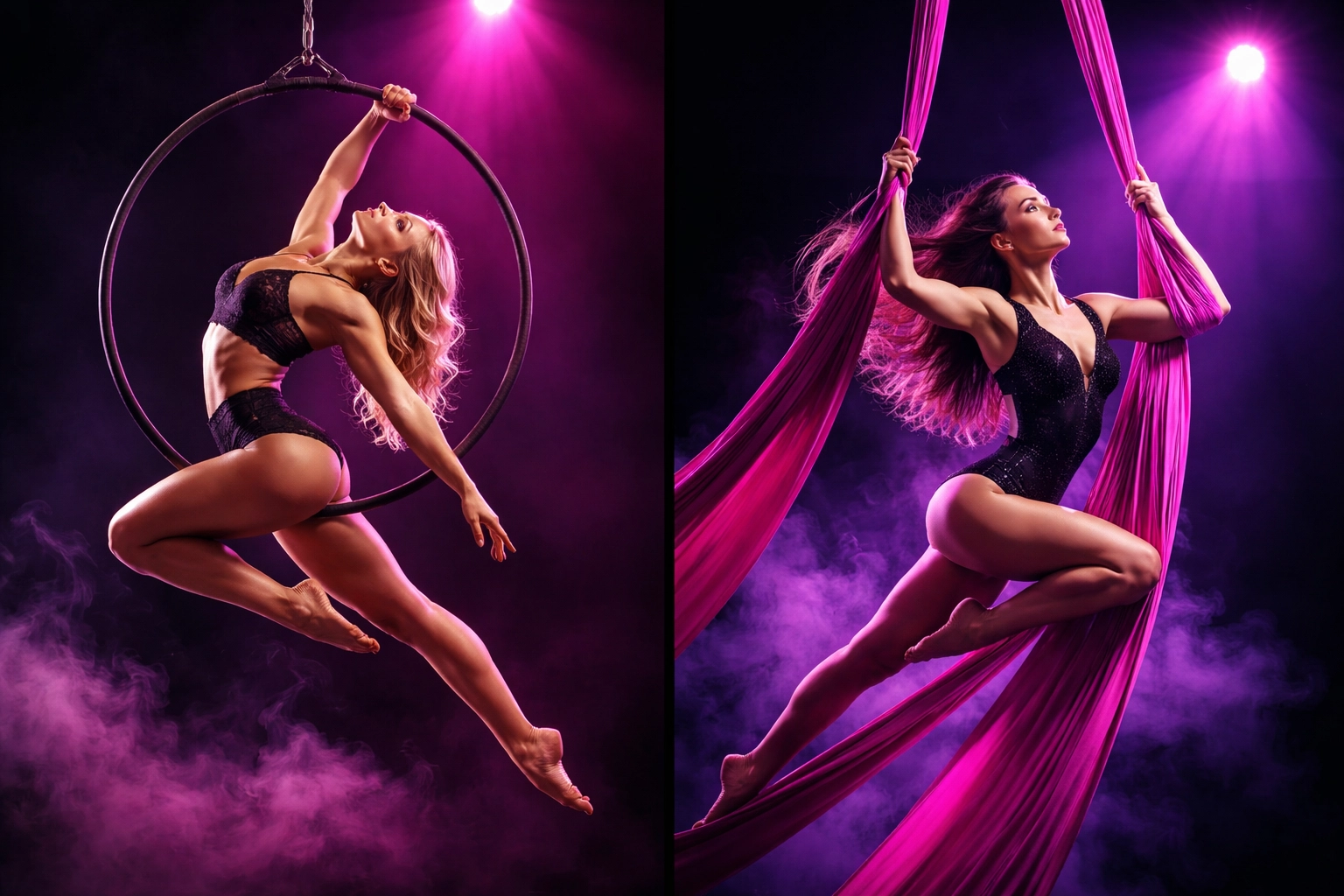 Aerial hoop and silks performers showcasing artistic expression in Austin aerial arts classes