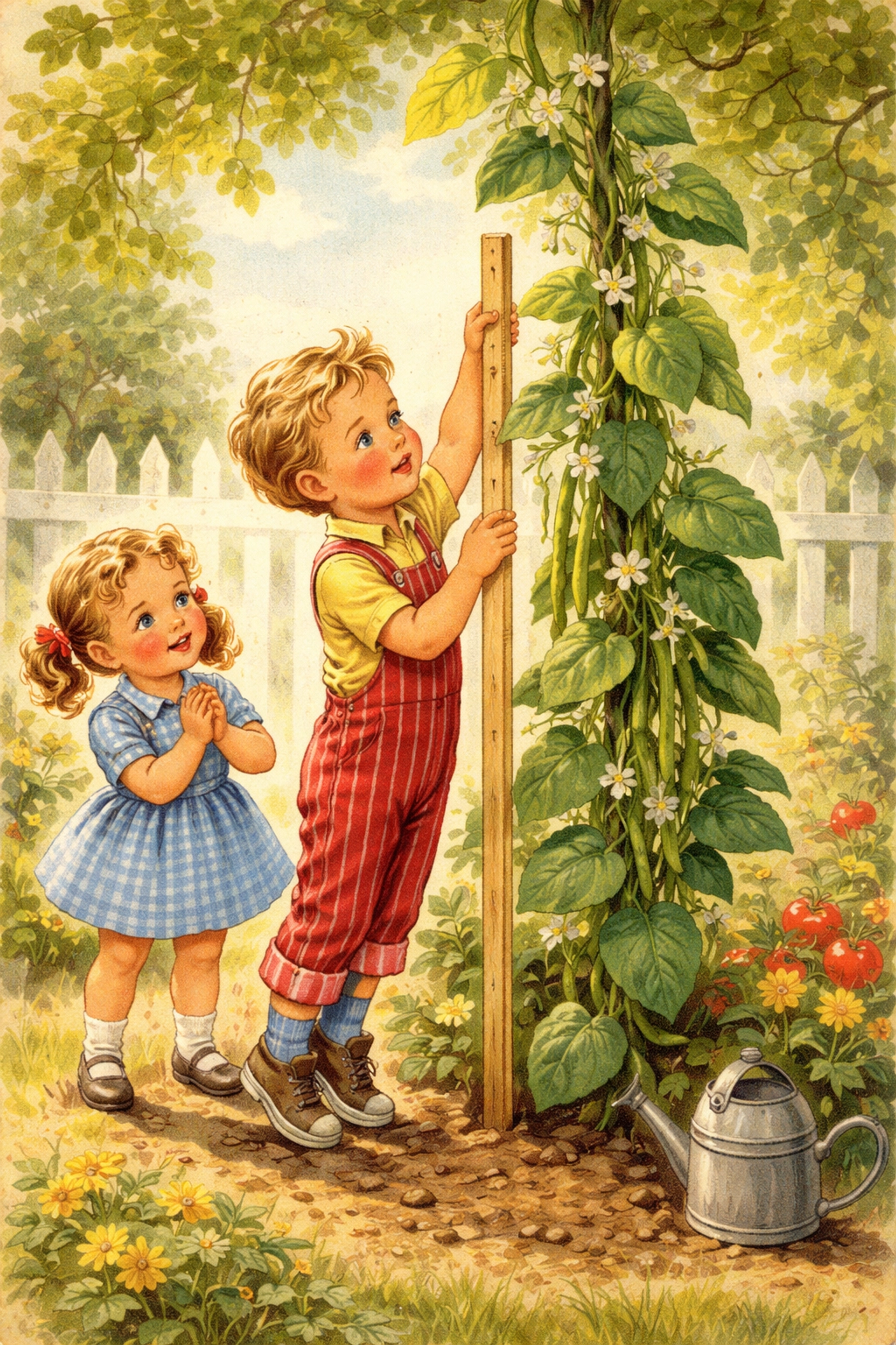 Child measuring a tall climbing bean plant with a ruler in a backyard garden bean race
