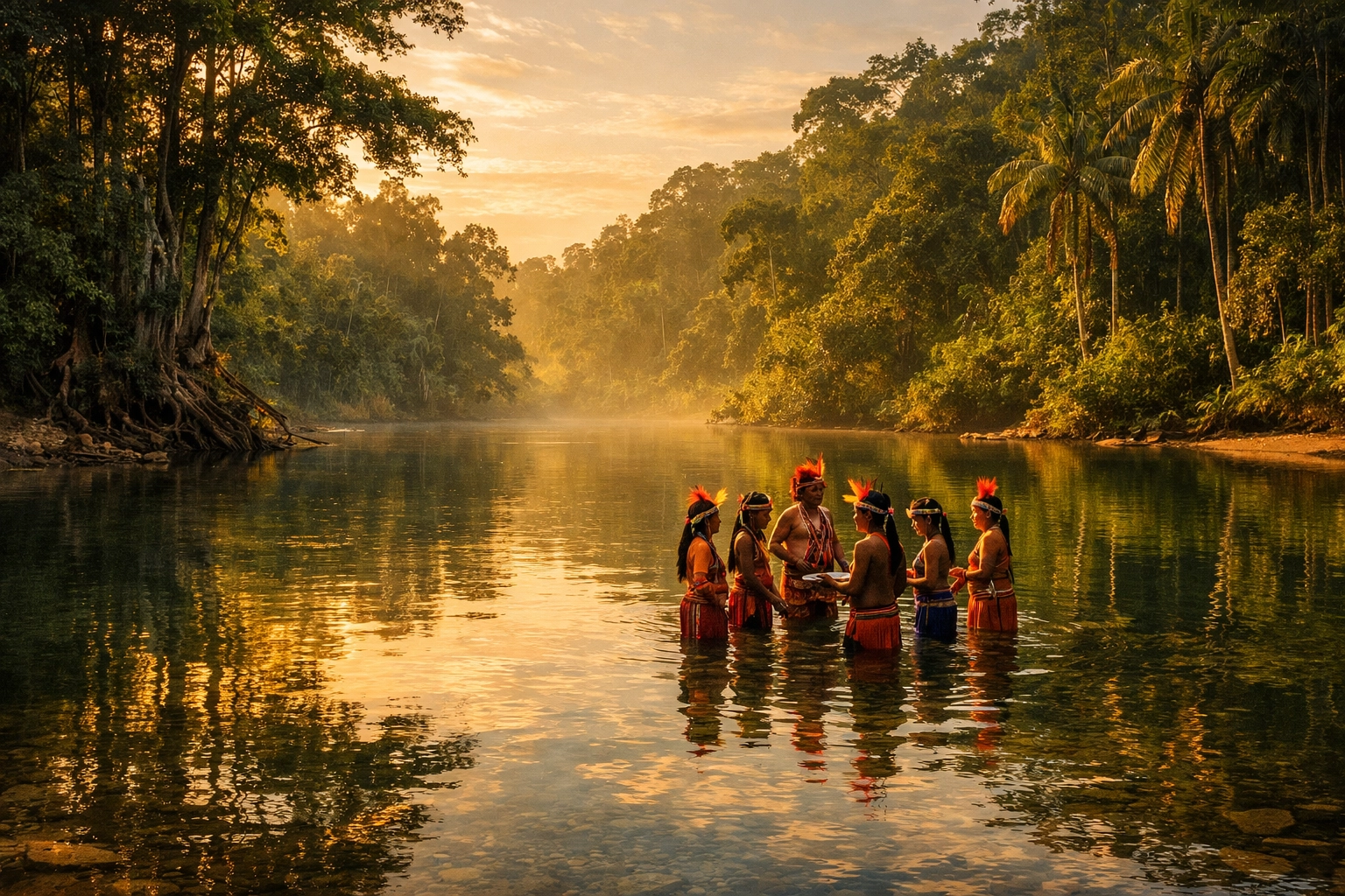 Indigenous tribe members gathered for baptism in a serene Amazon River tributary during a global spiritual revival.
