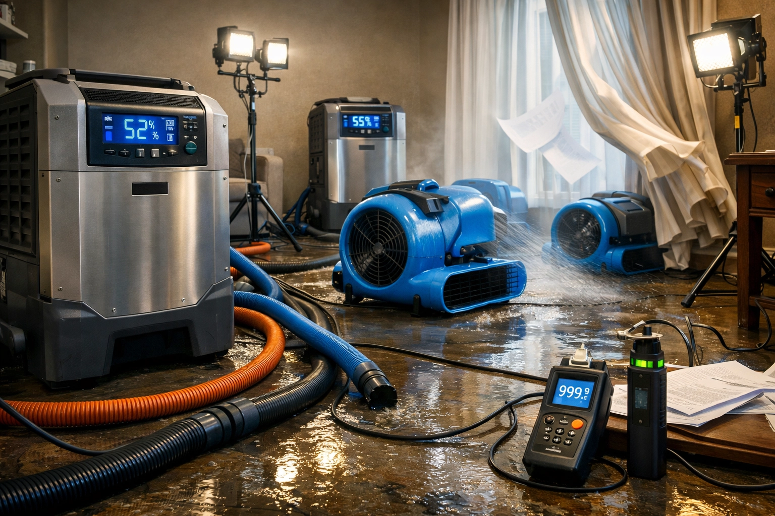 Professional water extraction equipment and dehumidifiers restoring a flooded room