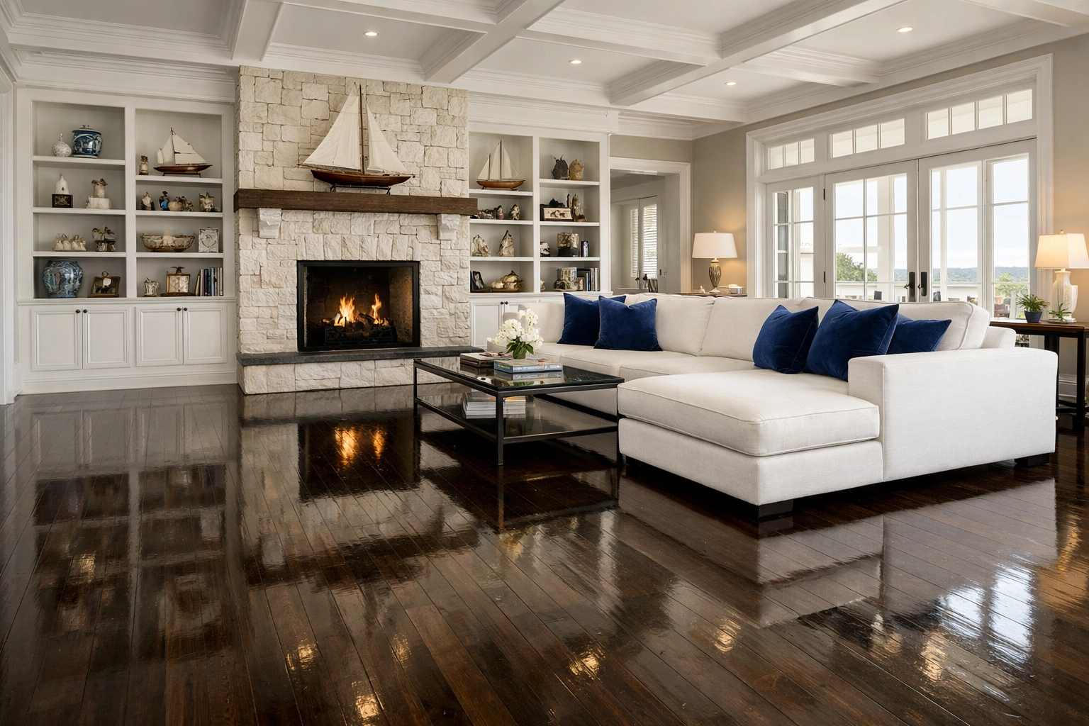 Polished hardwood floors and clean living room in a coastal estate after luxury house cleaning in Hingham.