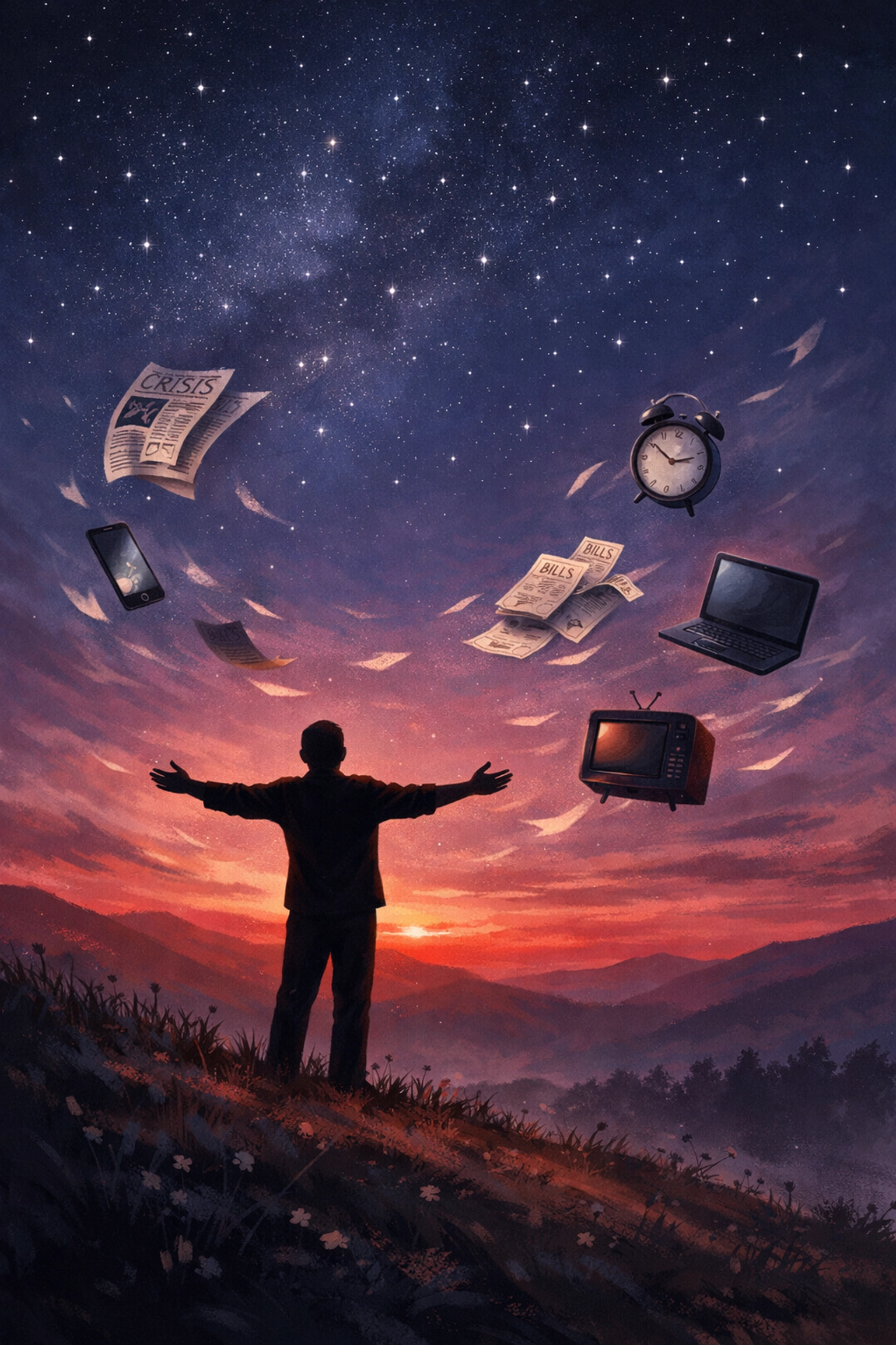 Person surrendering worries at twilight with arms open wide in peaceful trust