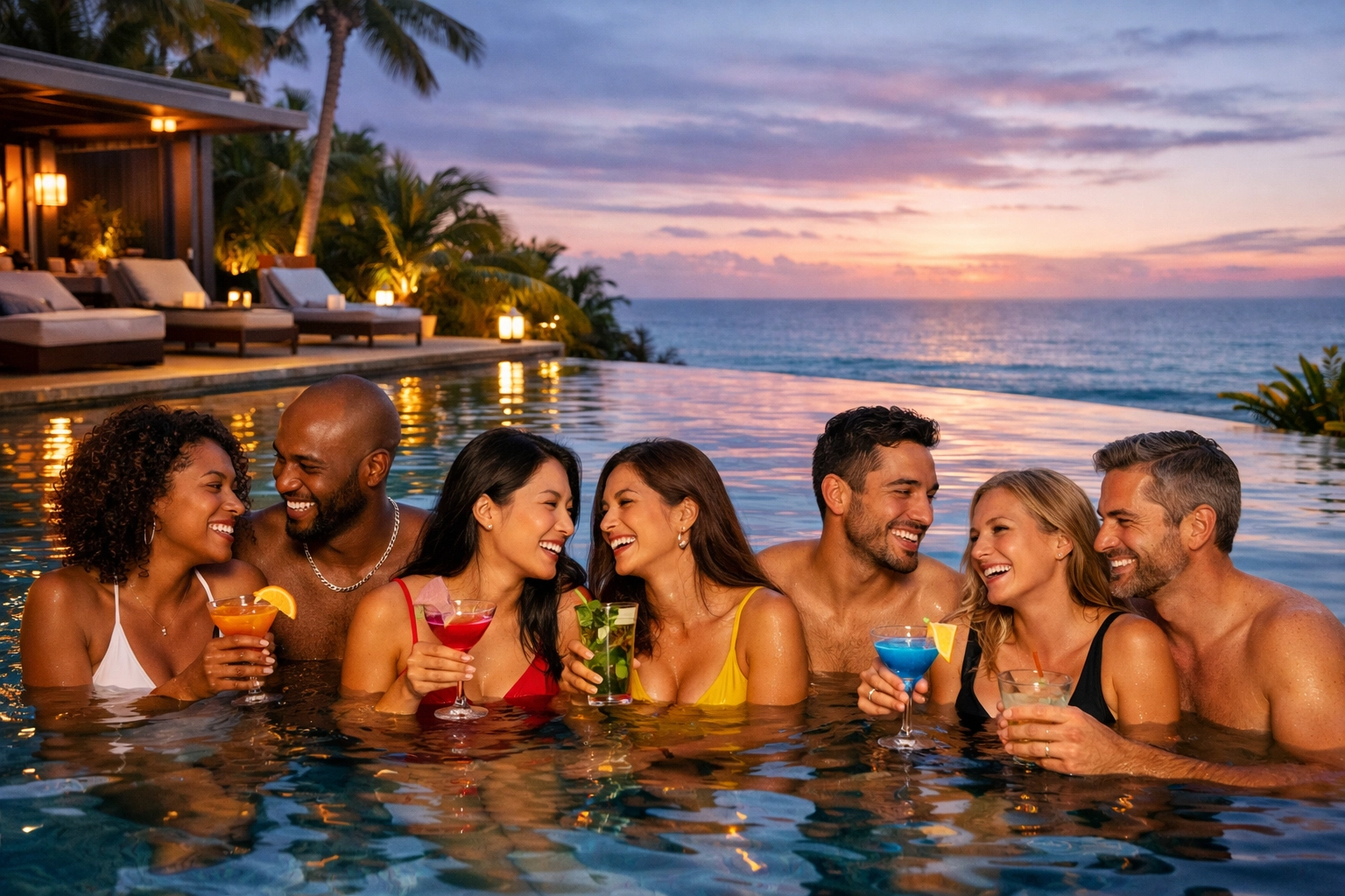 Couples enjoying adults only lifestyle resort infinity pool at twilight