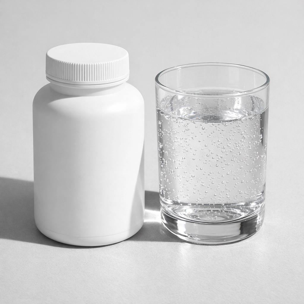 Clean supplement bottle and water glass showing a safe daily dosage routine for sleep health.