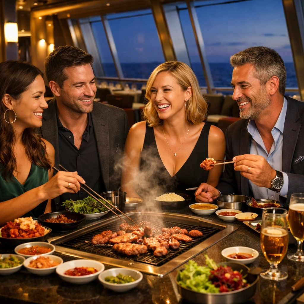 Adults enjoying an interactive dinner at Gunbae Korean BBQ on a Virgin Voyages adults-only cruise.