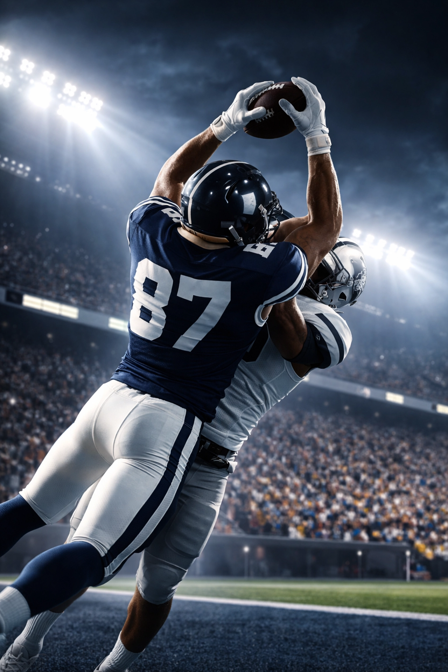 Penn State tight end securing a contested catch in the end zone against a defender