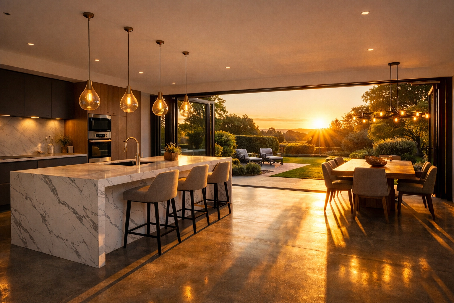 Luxury open-plan kitchen extension with glass bi-fold doors by a builder in Bognor Regis.