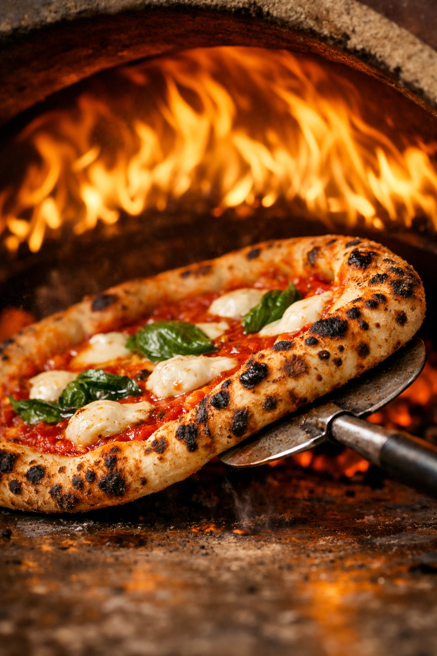 Rotating a Neapolitan pizza with a turning peel inside a hot wood fired oven with rolling flames.