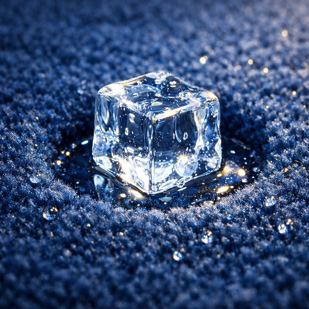 Single ice cube melting inside a deep carpet dent to restore flattened fibers naturally.