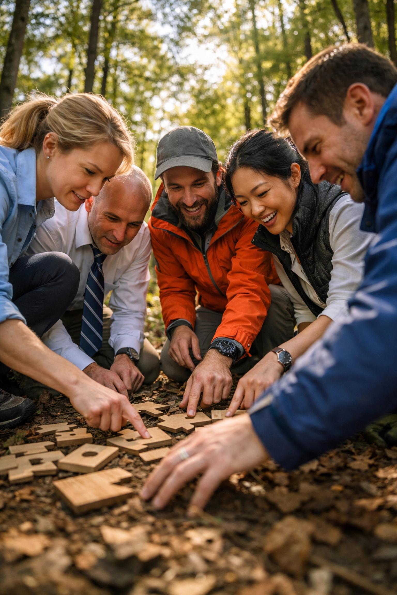 Corporate team working together on outdoor problem-solving challenge in UK forest