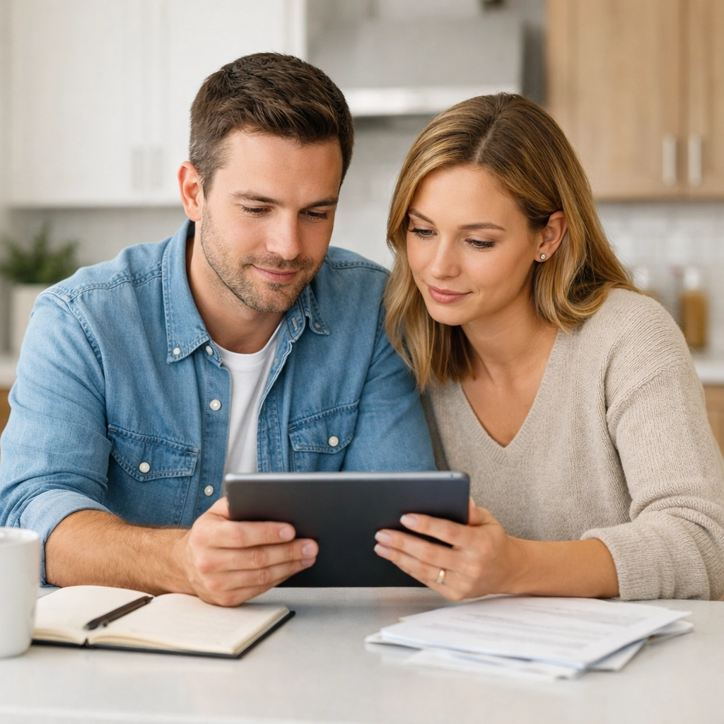 Couple using a tablet to explore debt consolidation and online loan options in a modern kitchen.