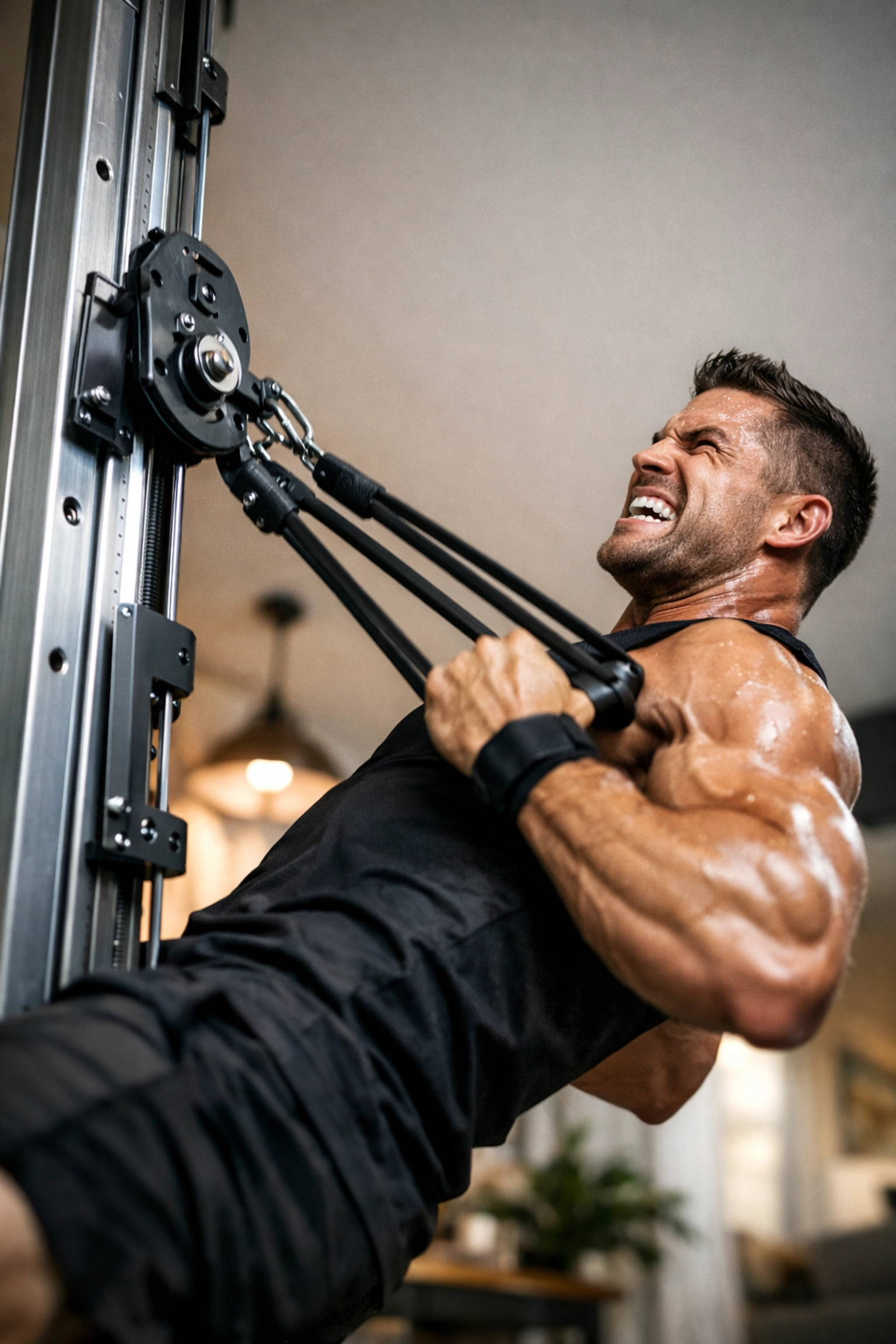 CrossFit athlete performing heavy rows on a floor to ceiling gym rail for high-intensity resistance training.