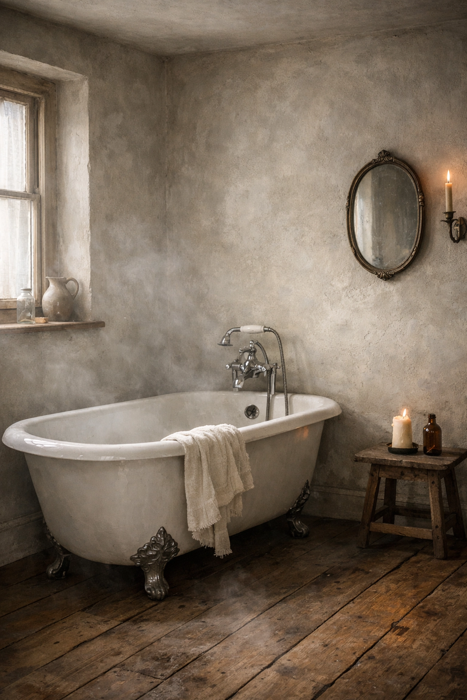 Period property bathroom with breathable lime-rendered walls and Victorian bathtub