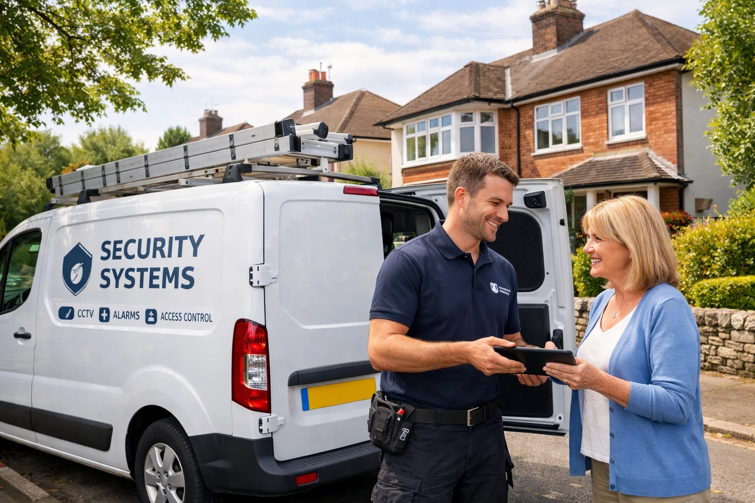 Southwest security experts consulting with a homeowner in Frome near an i-Spy CCTV installation van.