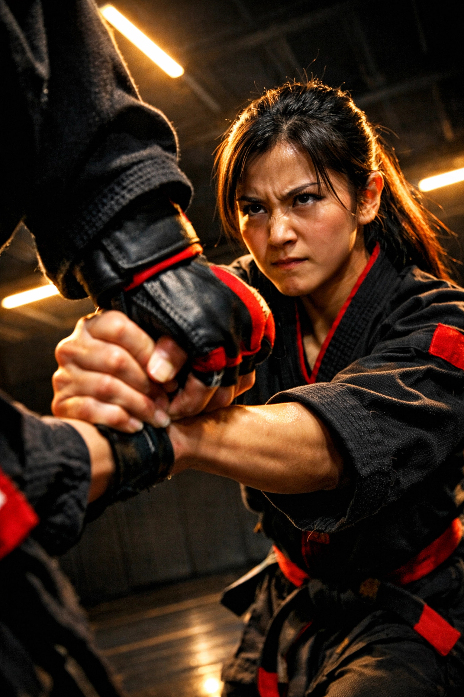 Martial arts student practicing a defensive redirection against a grab during realistic self-defense training.
