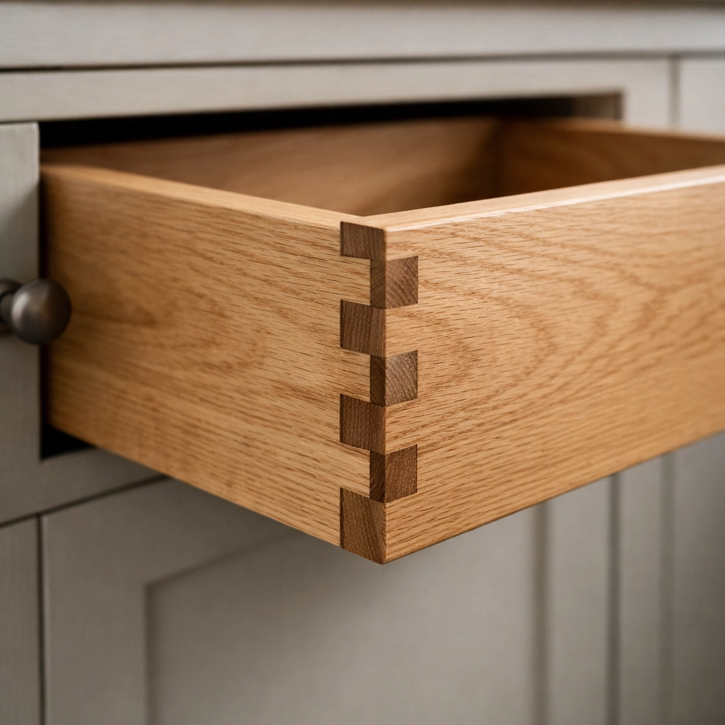 Close-up of handcrafted oak dovetail joints in a bespoke grey kitchen cabinet.