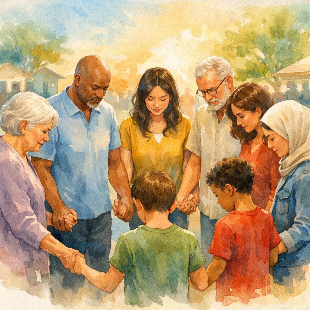 Diverse Christian community praying together in response to current events