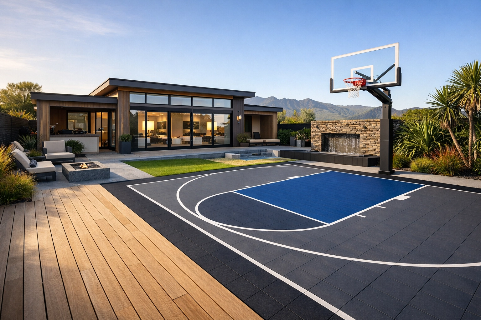 Luxury backyard 3x3 basketball half-court installation with blue and grey sports tiling next to a modern home.