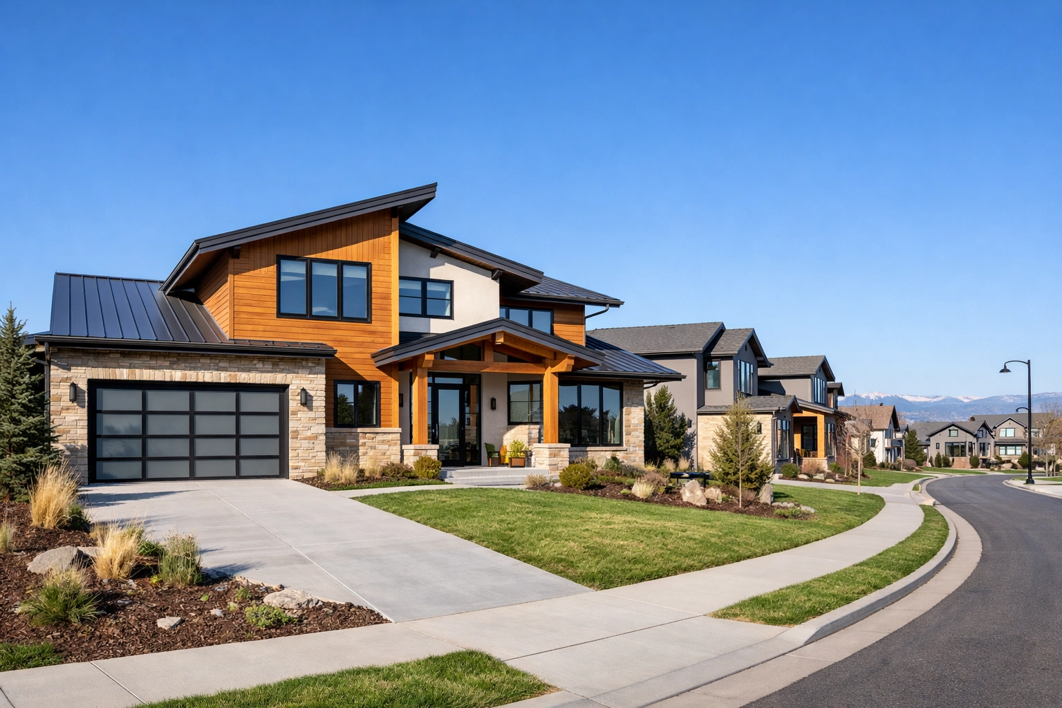 Modern mountain-style home in a Centennial Colorado suburb during the spring Denver home buying season.