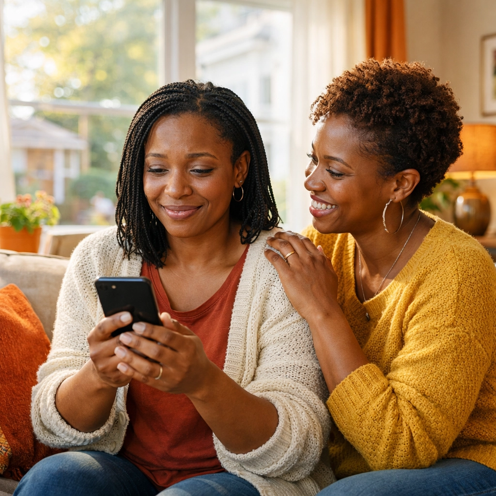 Two women in New Jersey searching for community emergency assistance on a smartphone.