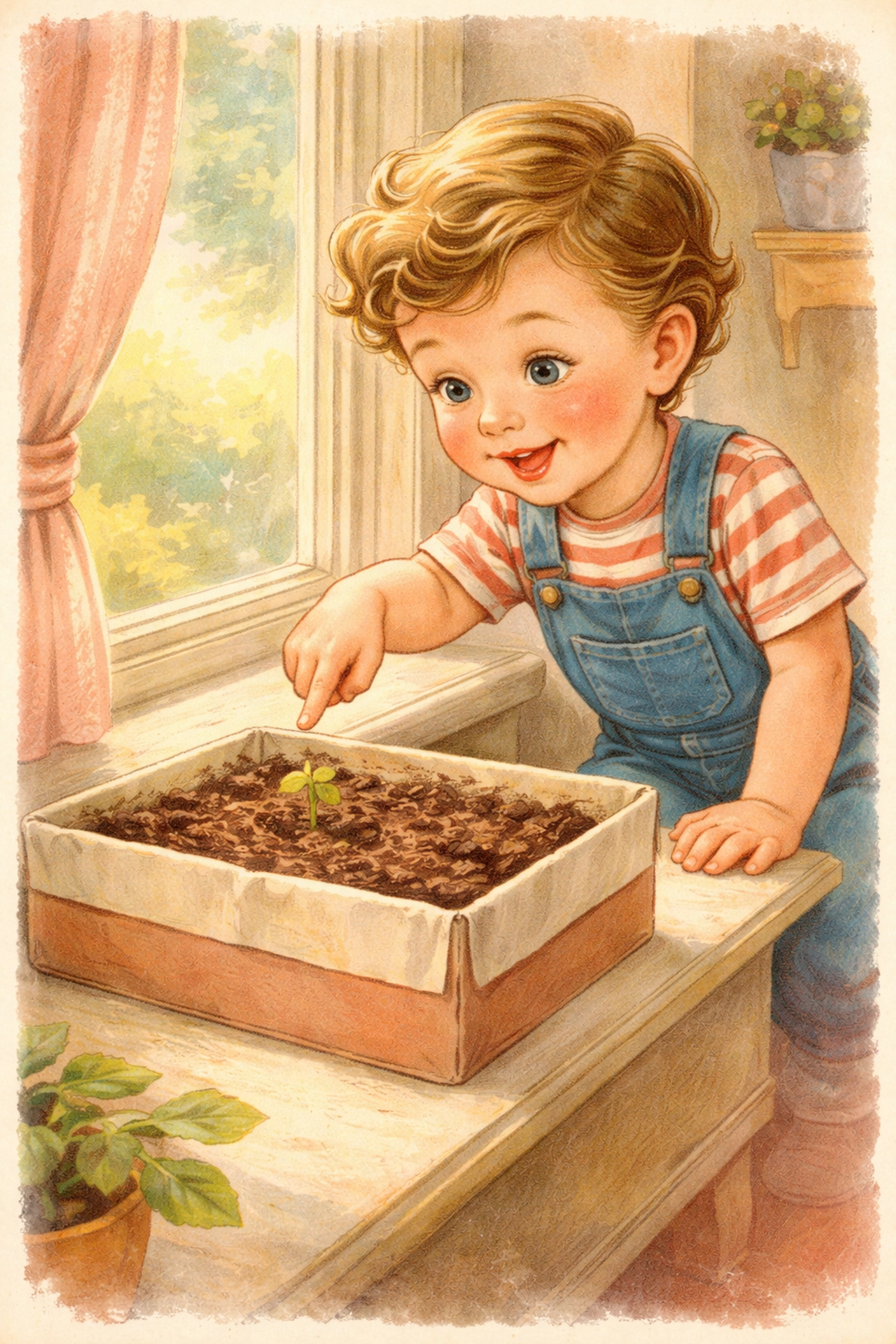 Charming illustration of a child discovering the first herb sprout in their shoebox garden, capturing the excitement of a beginner gardening project.