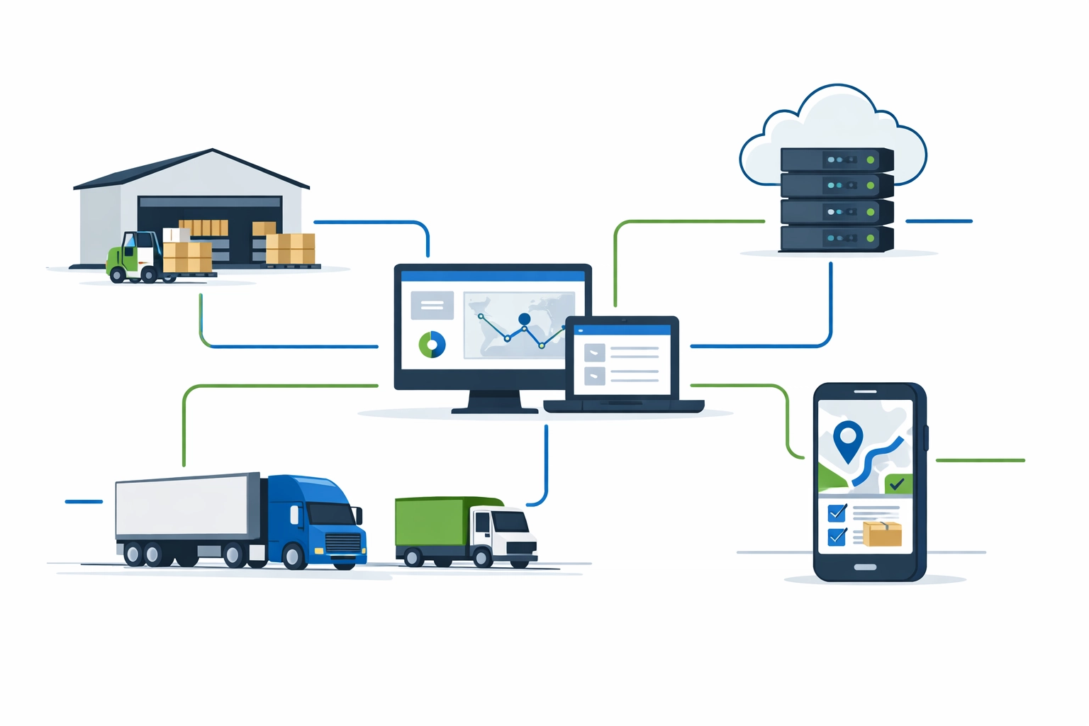 Integrated logistics website ecosystem connecting warehouses, trucks, mobile apps and cloud systems