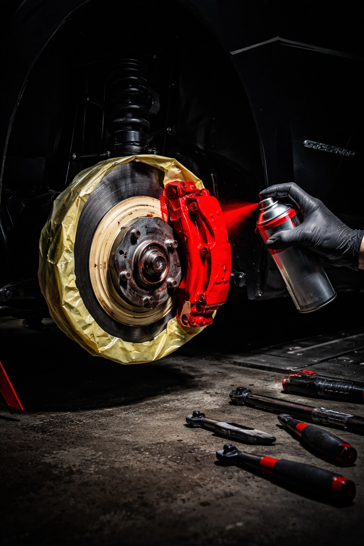 DIY brake caliper painting on a Dodge Challenger in a garage, showing preparation with spray paint and masking tape.