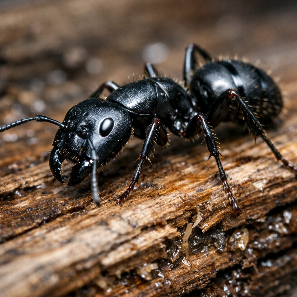 Macro photo of a carpenter ant on damp wood, illustrating why an exterminator in White Plains is needed.