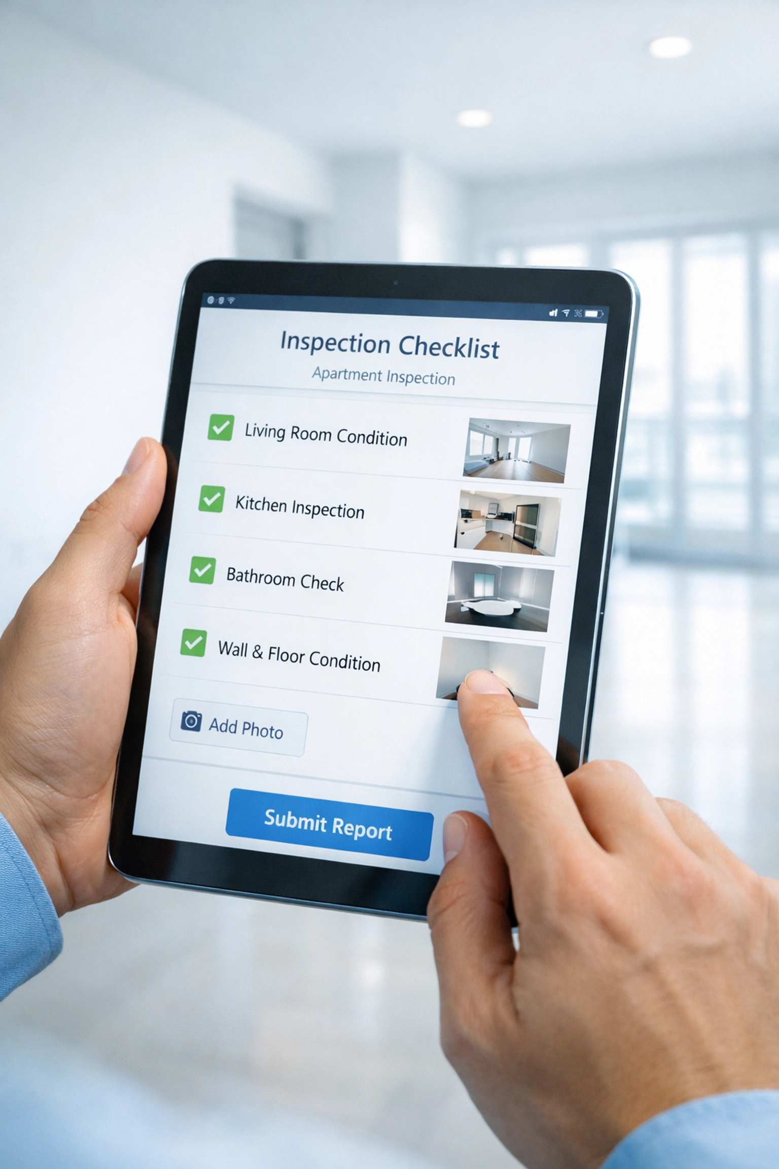 Property manager using digital inspection checklist on tablet for apartment turnover documentation