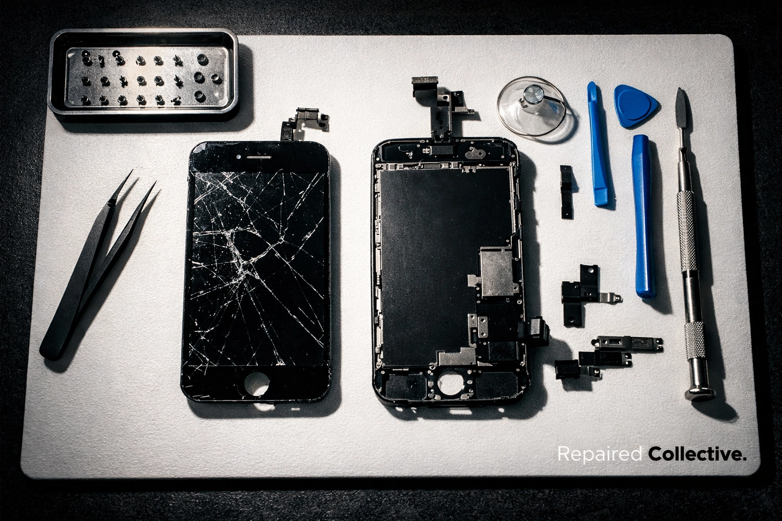 Deconstructed iPhone screen repair showing genuine parts and components used in NYC repairs