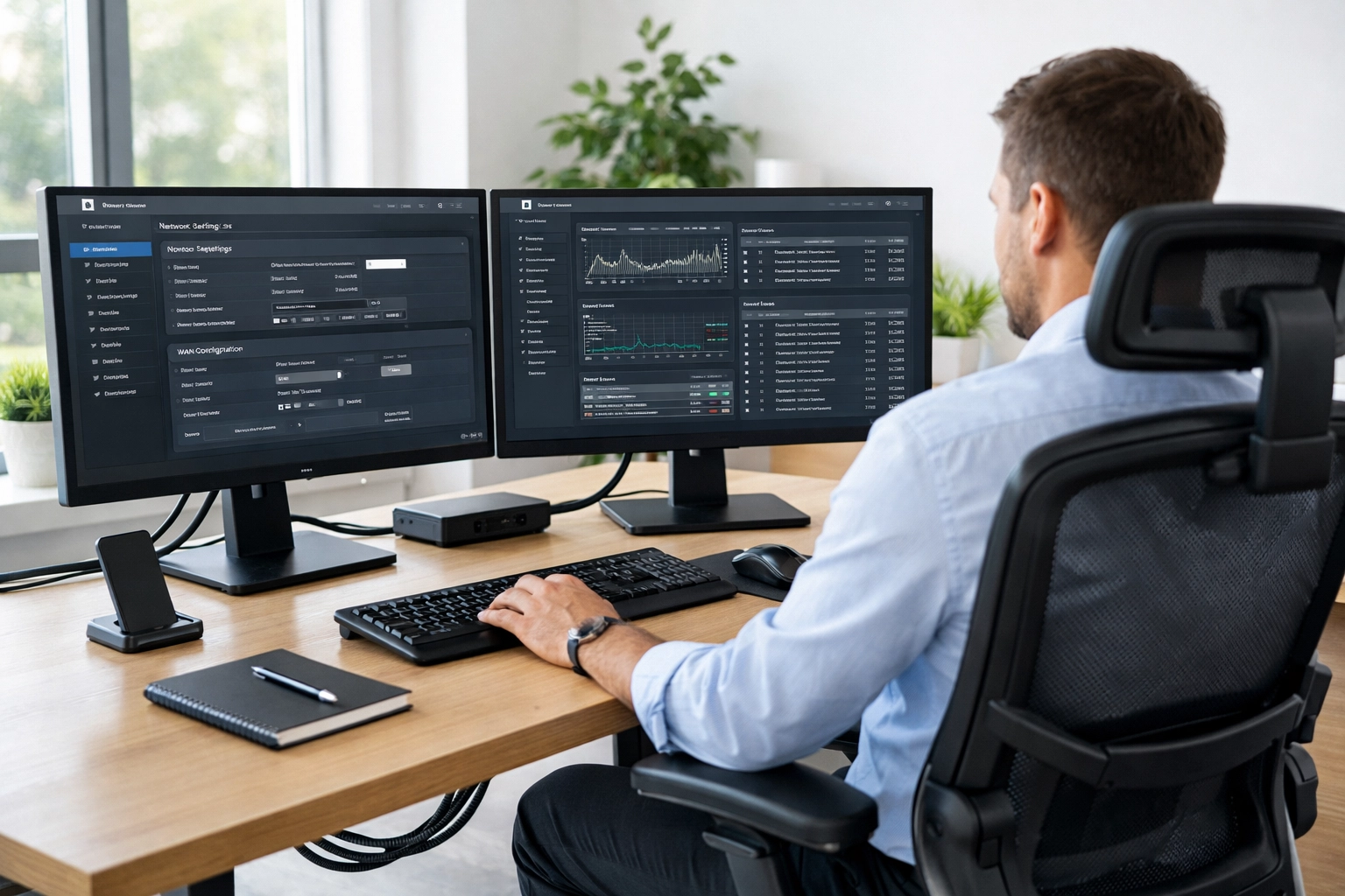 Service bureau technical infrastructure setup with dual monitors for ERO system configuration