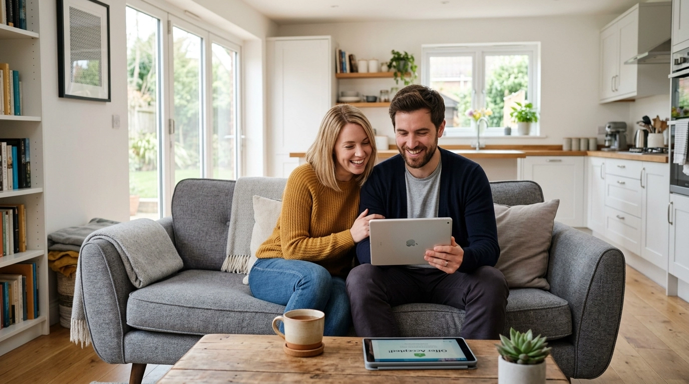 A young couple in a bright UK living room looking at a tablet and smiling, feeling relieved.
