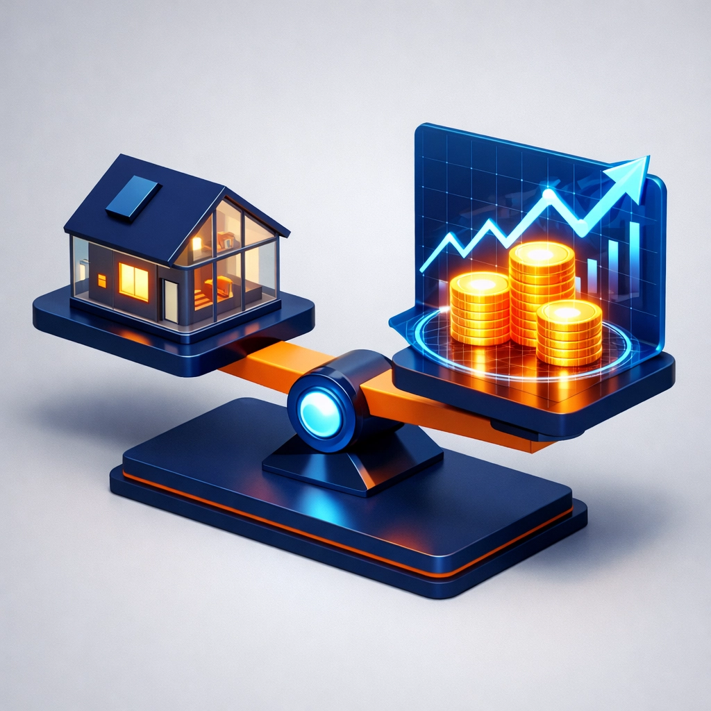 A balance scale comparing the investment value of home ownership versus stock market returns.