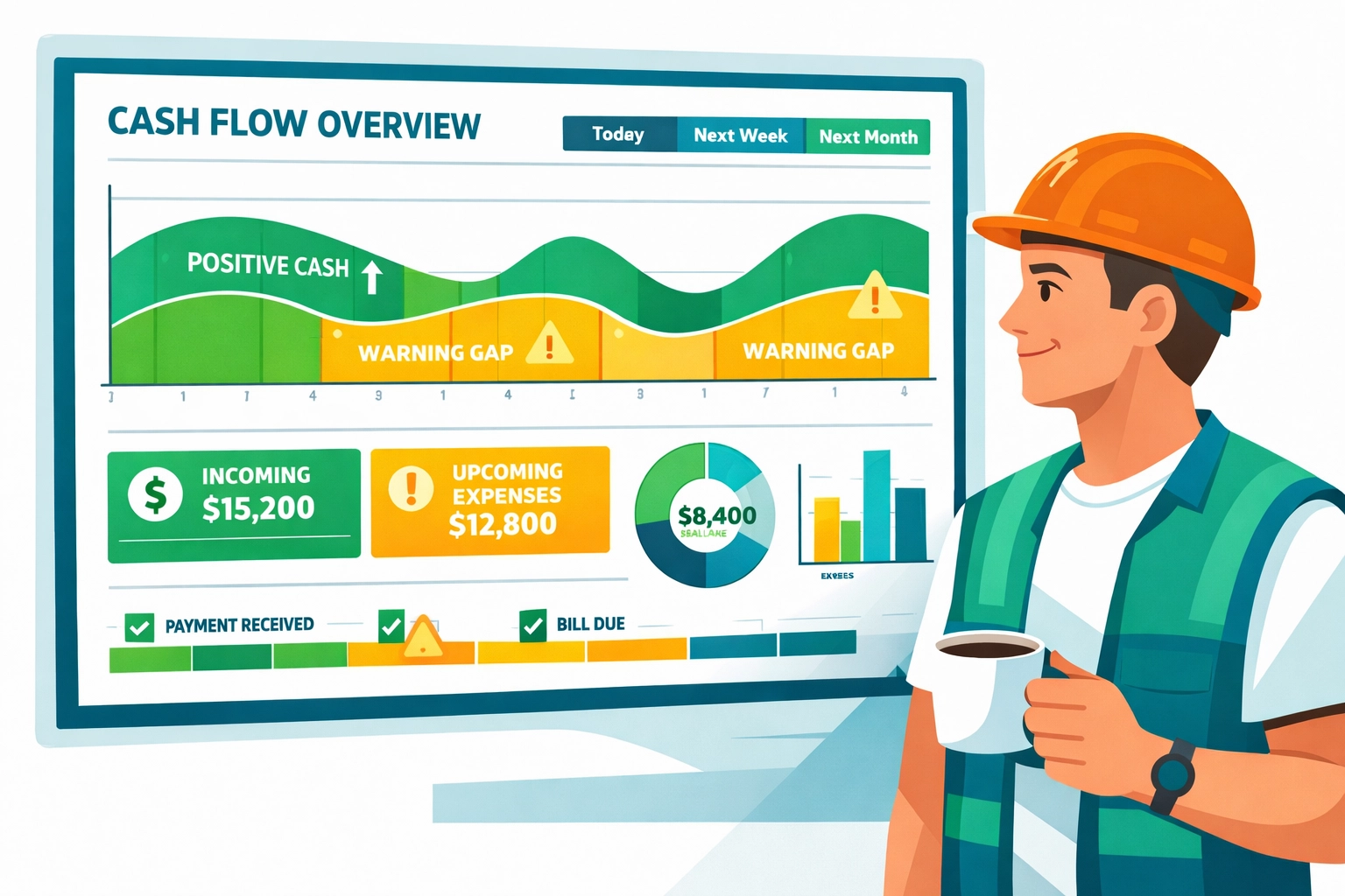 Cash flow management dashboard showing contractor's income and expense tracking