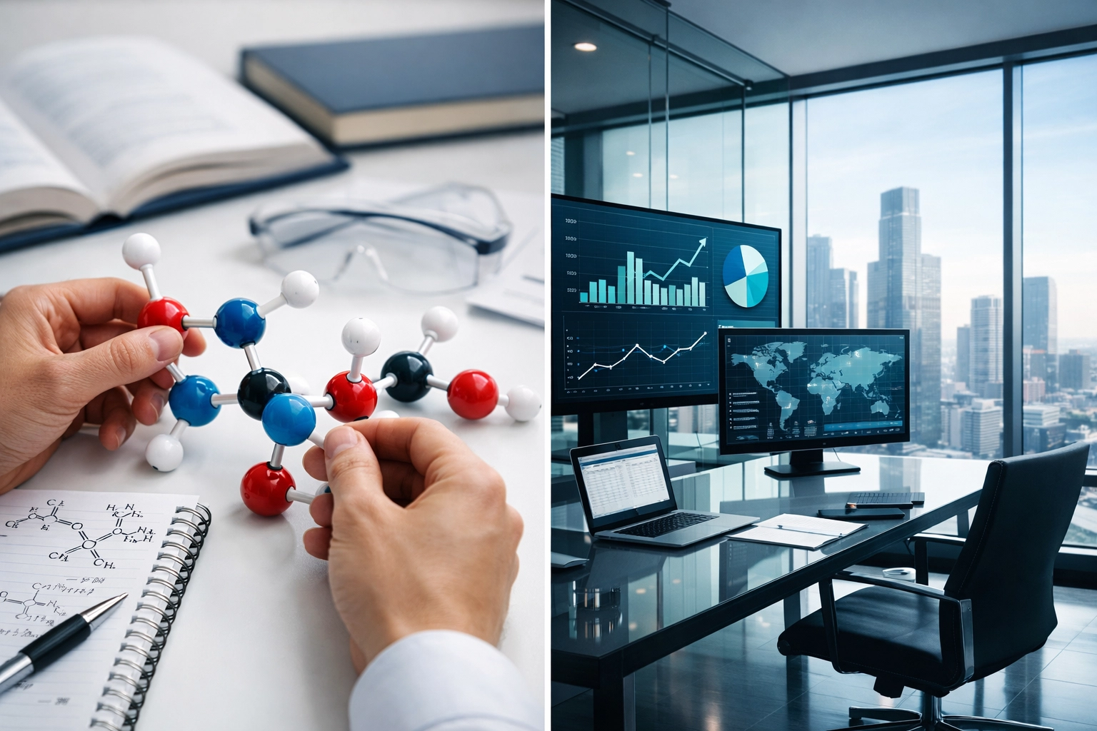 Chemistry student with molecular models transitioning to finance career in modern office