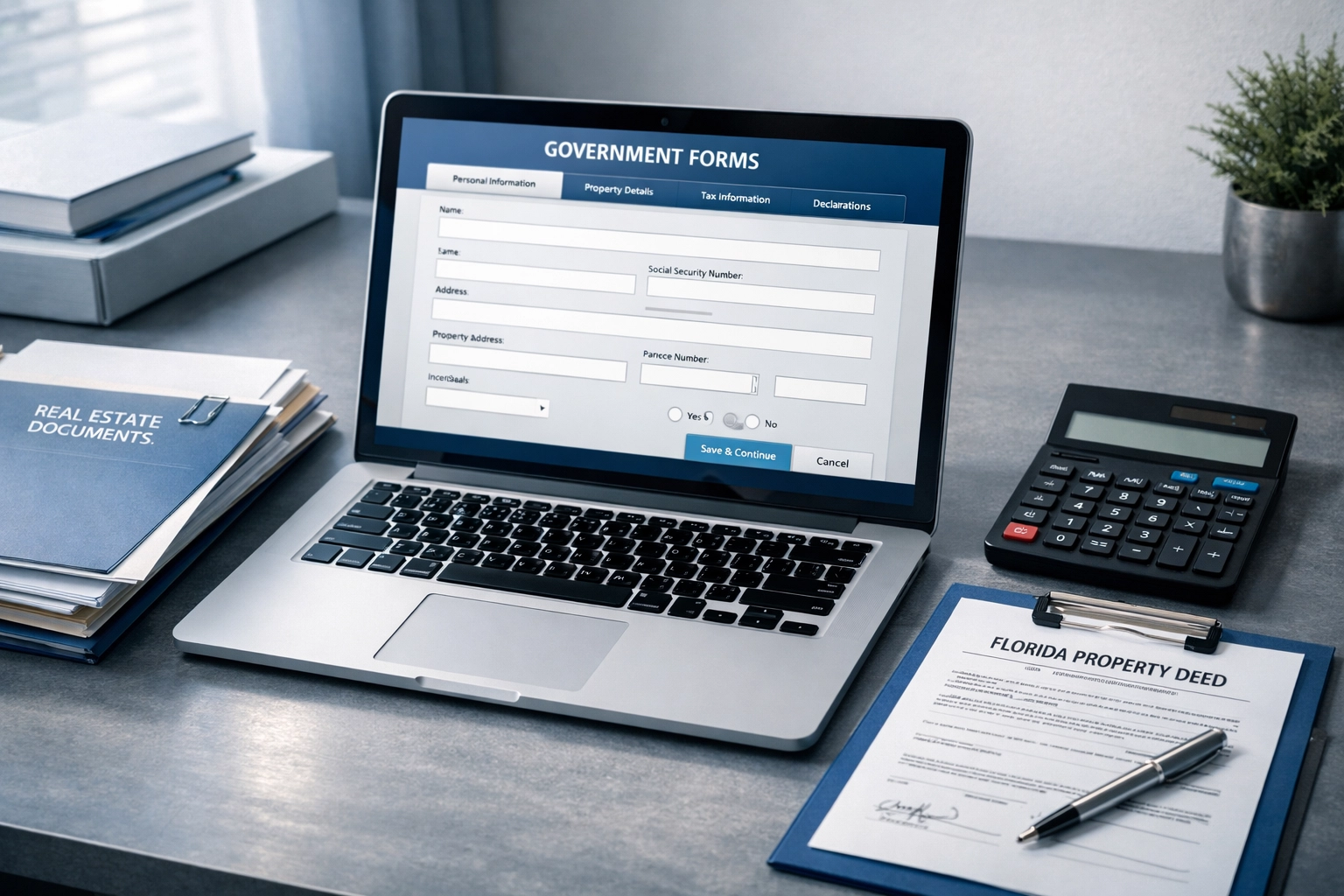 FinCEN real estate reporting documents and Florida property deed on desk with laptop