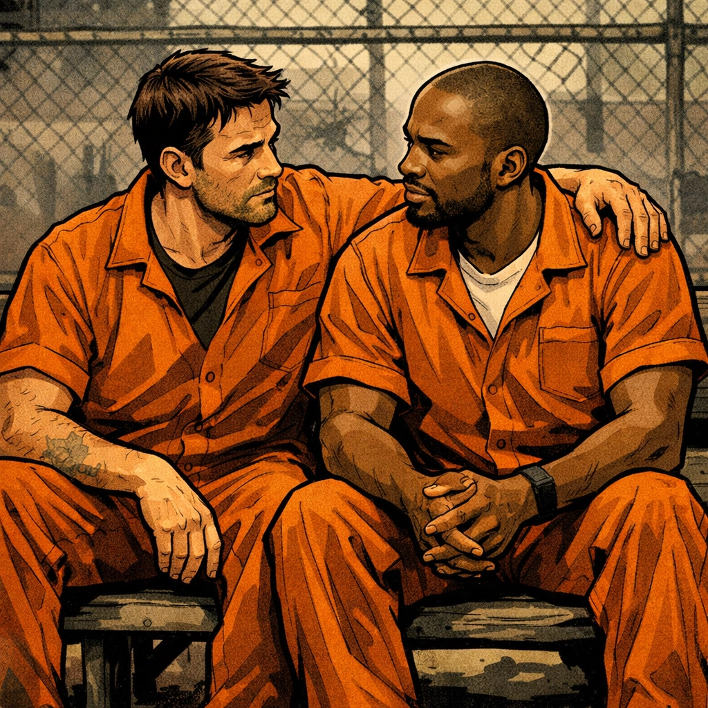 Two gay inmates sharing companionship on prison yard bench