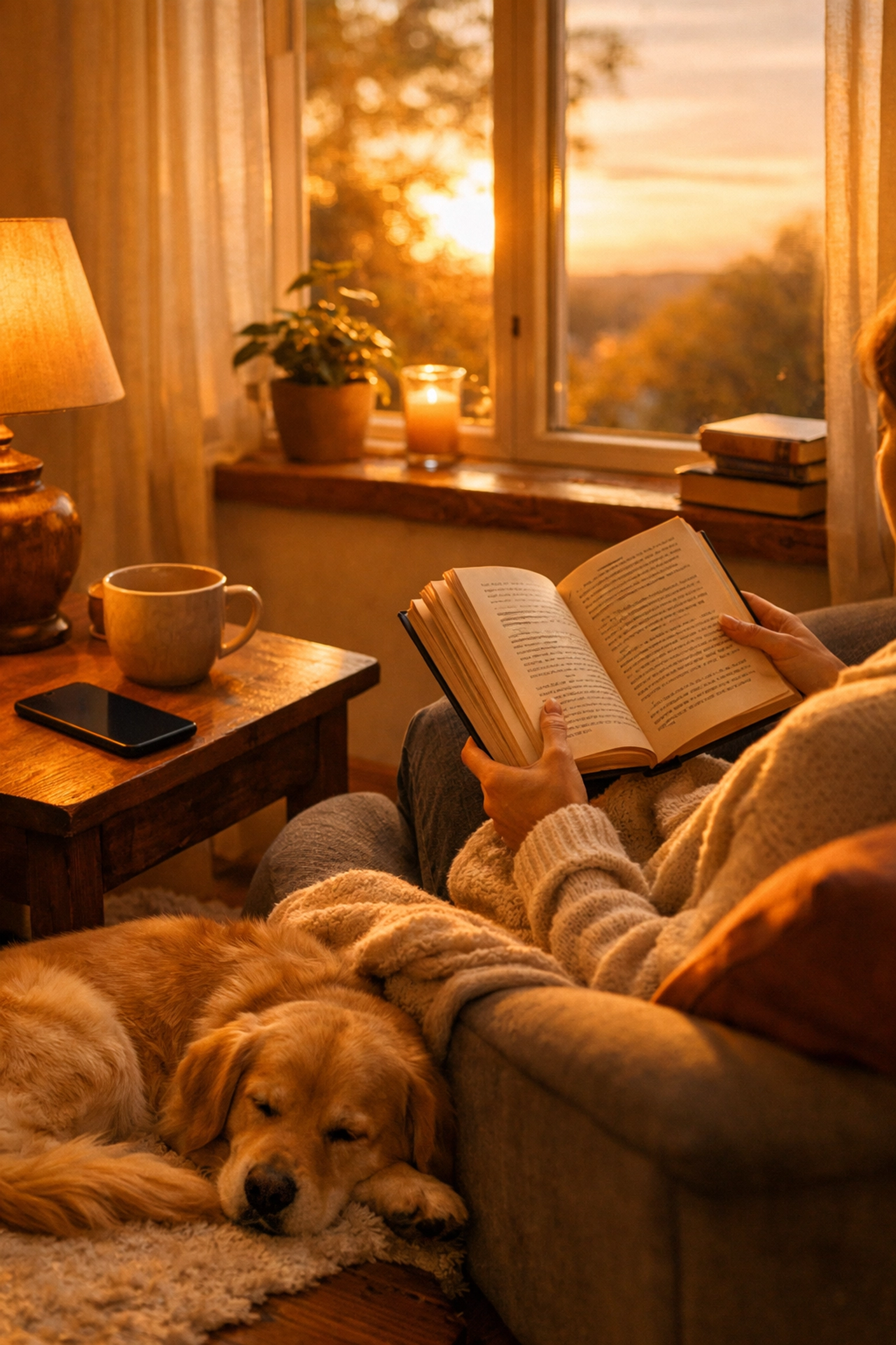 Person reading book in cozy chair with phone face-down showing peaceful evening without scrolling